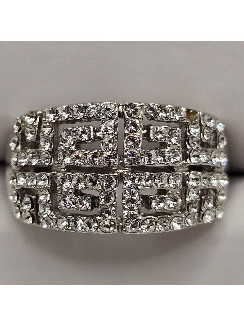 18K GP White Gold Greek Key Crystal Pavé Ring Silver Tone Statement Size 8